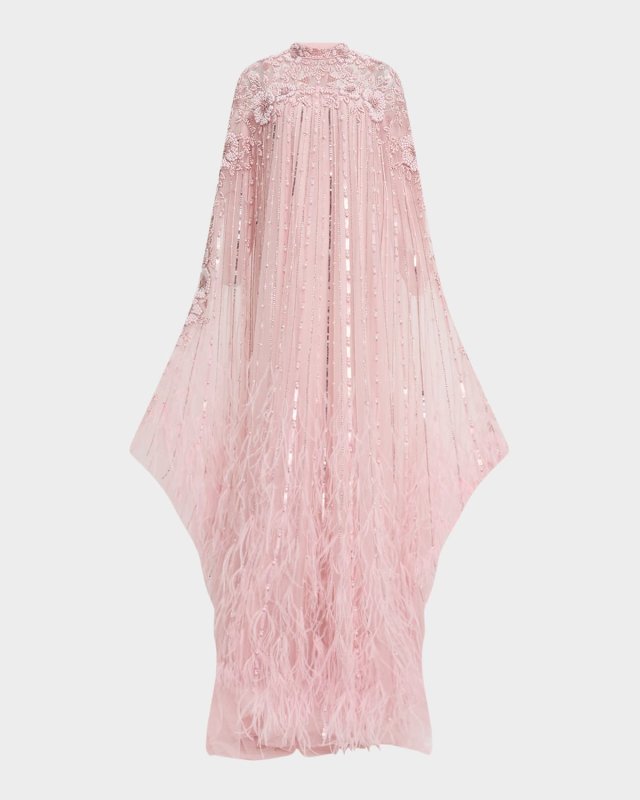 Bead Embroidered Feather Tulle Caftan Gown